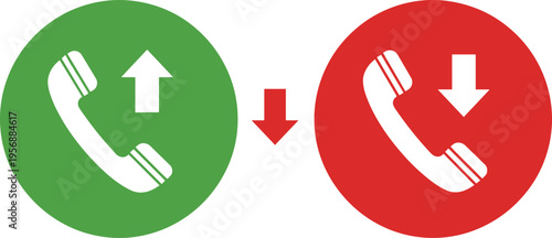 Phone call icons showing incoming and outgoing directions, green and red communication symbols, mobile interface buttons, contact, decline, accept