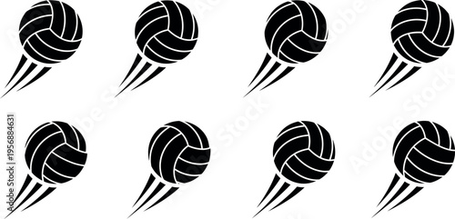 Eight black and white illustrations of volleyballs with motion lines