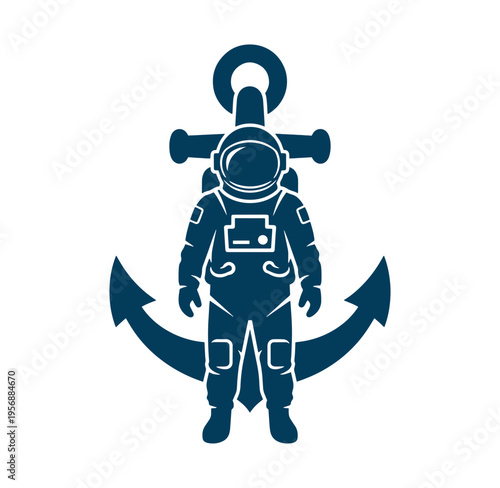 Astronaut standing in front of a large anchor with a halo  space and sea symbol