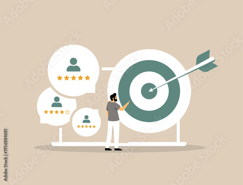 Customer review targeting system, user rating segmentation with feedback analysis and audience scoring for precision marketing. Reputation management improving conversion accuracy vector illustration
