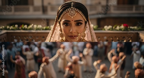 Indian bride in traditional wedding attire with crowd