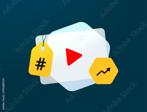 Short video hashtag strategy, social media content tagging with trend analytics, video marketing, engagement growth tracking, viral reach seo video title optimization in digital marketing illustration
