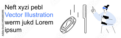 Digital transformation, virtual interaction, blockchain, online transactions, crypto economy, tech advancements. A person interacting with virtual elements and digital coins. Virtual interaction