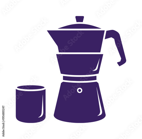 Dark purple coffee maker and cup on white background