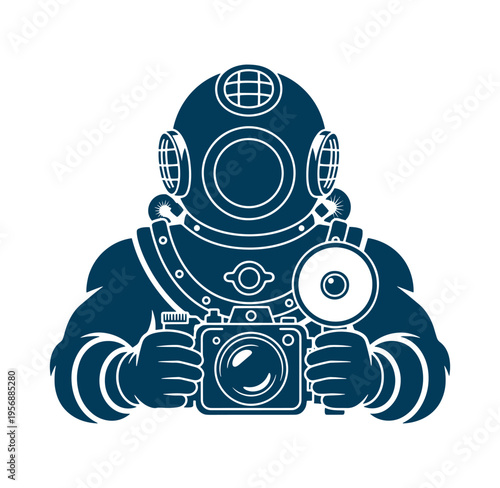 diver in deep sea diving suit holding camera and flash photography equipment