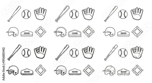Doodle style baseball equipment icons set includes bat ball glove helmet home plate and field for sport game vector graphics