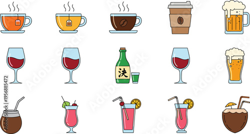 Beverage and drink icon set featuring coffee, tea, beer, wine, cocktails, sake, and coconut water for restaurant menus, bar branding, and cafe graphic design.