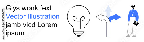Business strategy, decision-making, creativity, innovation, problem-solving, guidance. Light bulb with directional arrows and a professional figure. Decision-making and creativity