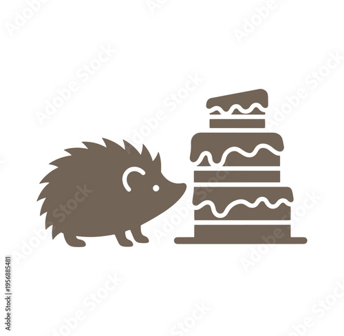 Hedgehog smelling a large multilayered cake with frosting  cute animal and food illustration