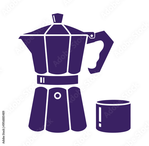Italian stovetop coffee maker and cup on white background