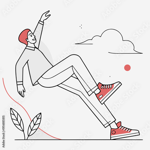 A man in a dynamic pose with one leg bent and arm raised