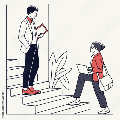 A man and woman are talking on the stairs