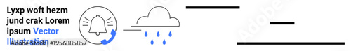 Weather forecasting, notifications, user interface design, mobile apps, climate alerts, minimalistic design. A bell icon and a cloud with rain droplets. Weather alerts and user interface concepts