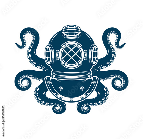 Octopus wearing vintage diving helmet illustration  marine animal in scuba gear