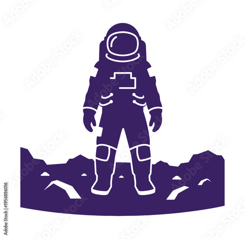 Purple astronaut standing on rocky terrain in space suit and helmet illustration