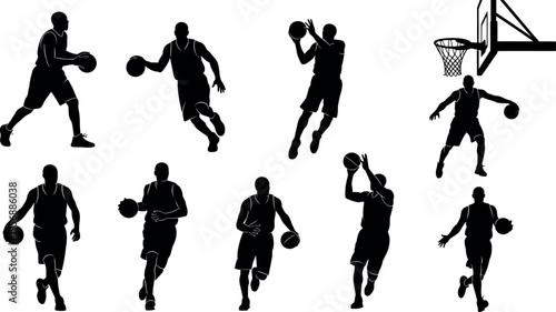 Silhouette illustrations of basketball players in various actions and poses