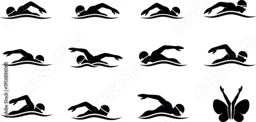 A series of black silhouettes depicting various swimming strokes and a butterfly symbol