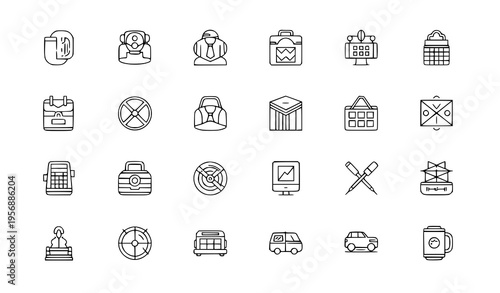Collection of 20 line icons related to business travel and office work