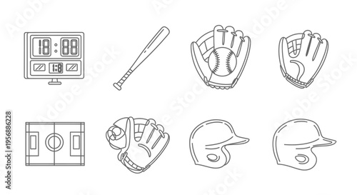 Simple line art icons of baseball equipment including scoreboard bat glove field and protective batting helmet
