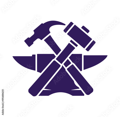 Purple silhouette of hammer and gavel crossed over anvil on white background
