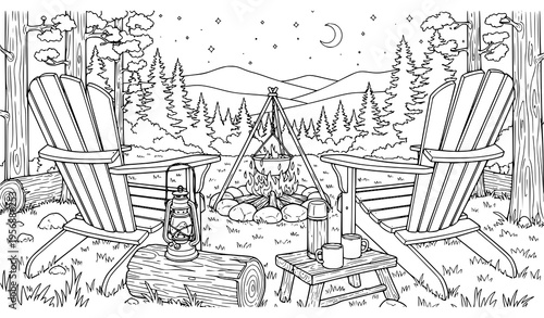 Campsite at dusk with two wooden chairs and a campfire