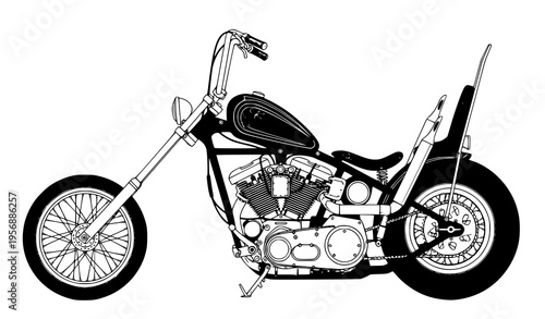 A black and white line drawing of a chopper motorcycle with a long front fork and a low seat