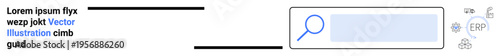 Web design, interface layout, data entry, search engine, online browsing, user experience. A minimalist search bar with a magnifier and text sections. Web design and interface layout concept