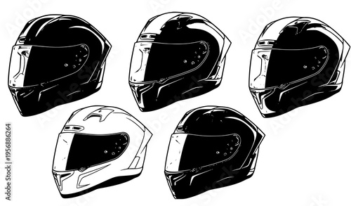 Collection of five motorcycle helmets with visors