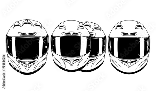 Three white motorcycle helmets with black visors in a row