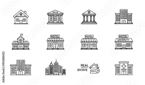 Black and white line drawings of various buildings and structures