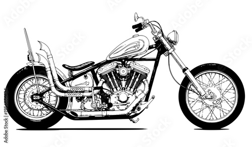 A black and white illustration of a chopper motorcycle with a long frame and exposed engine