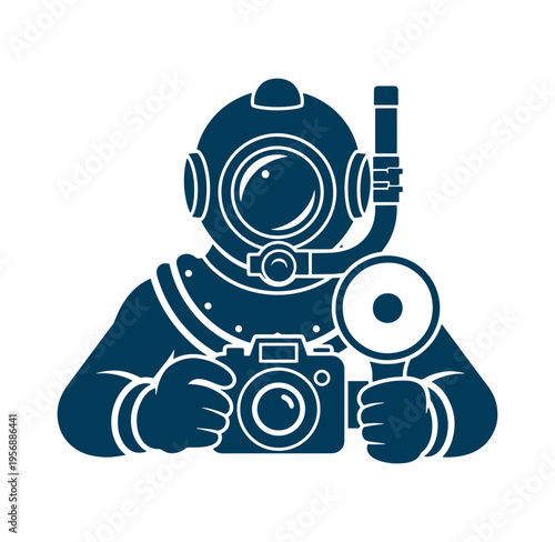 Scuba diver holding camera and megaphone underwater equipment for communication and photography