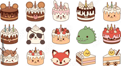 Cute Animal Birthday Cake Icon Set with Bear, Bunny, Fox, Cat, Chick, and Strawberry Dessert Celebration Illustrations