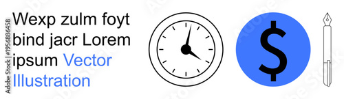 Time management, finance, productivity, wealth, creativity, professional tools. A clock, dollar symbol in blue and pen with text. Time management and finance are highlighted
