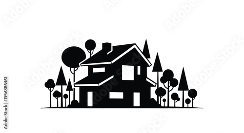 Simple black and white illustration of a house with trees