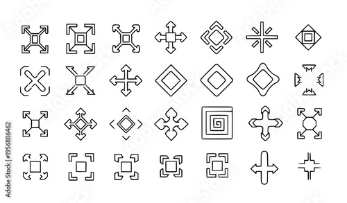 Collection of 25 unique black and white directional and abstract icons
