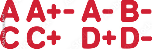 Red school grade letters set from A plus to D minus, bold academic typography collection for education evaluation and grading system