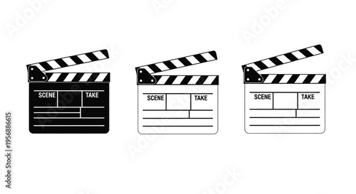 Three black and white clapperboards isolated on a white background