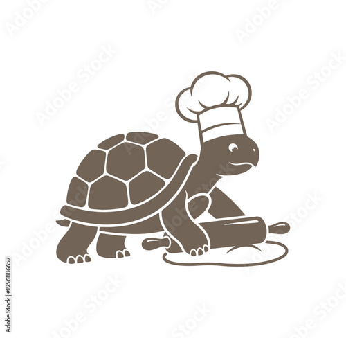 Turtle wearing chef hat rolling out dough for baking cooking  illustration