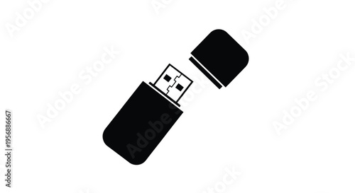 Black and white illustration of an open usb flash drive on white