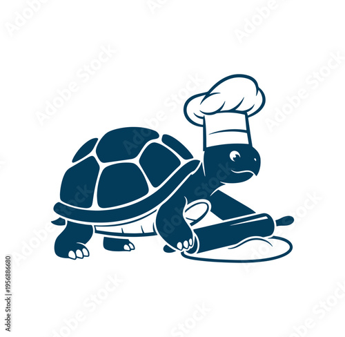 turtle wearing chef hat rolling out dough with rolling pin for baking