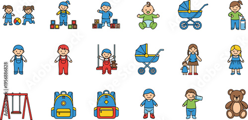Baby and toddler vector icons set featuring cute children playing with toys blocks strollers swing backpacks teddy bear and nursing bottles for nursery design.