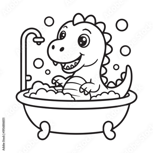 Cute cartoon dinosaur taking a bubble bath with bubbles and faucet bathtub