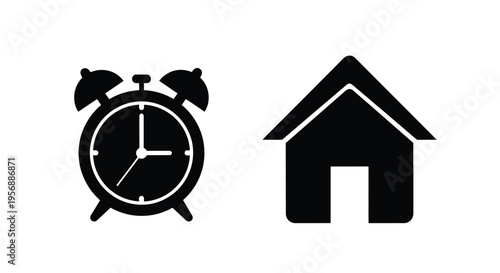 Simple black icons depicting an alarm clock and a house shape