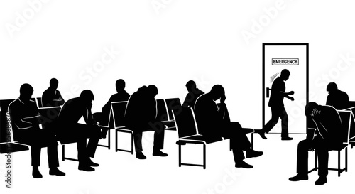 Silhouettes of people waiting in line one exiting through doorway office or public space