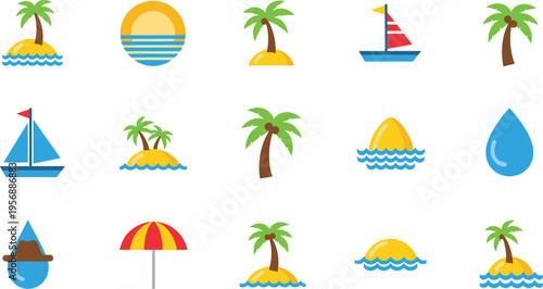 Summer vacation vector flat icons set with tropical beach island palm trees sunset ocean waves sailing boats sea travel umbrella water drops design elements.