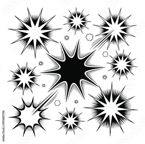 Collection of Black and White Comic Book Style Explosions and Starbursts