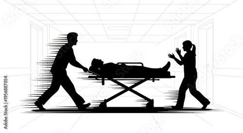 Medical staff rushing patient on stretcher through hospital corridor with urgency and care