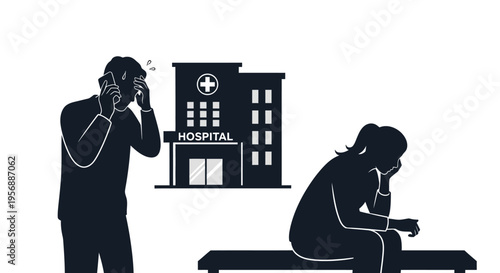 Concerned man calling and woman sitting stressed outside hospital building