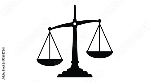 Scales of justice depicted in a stark black graphic silhouette